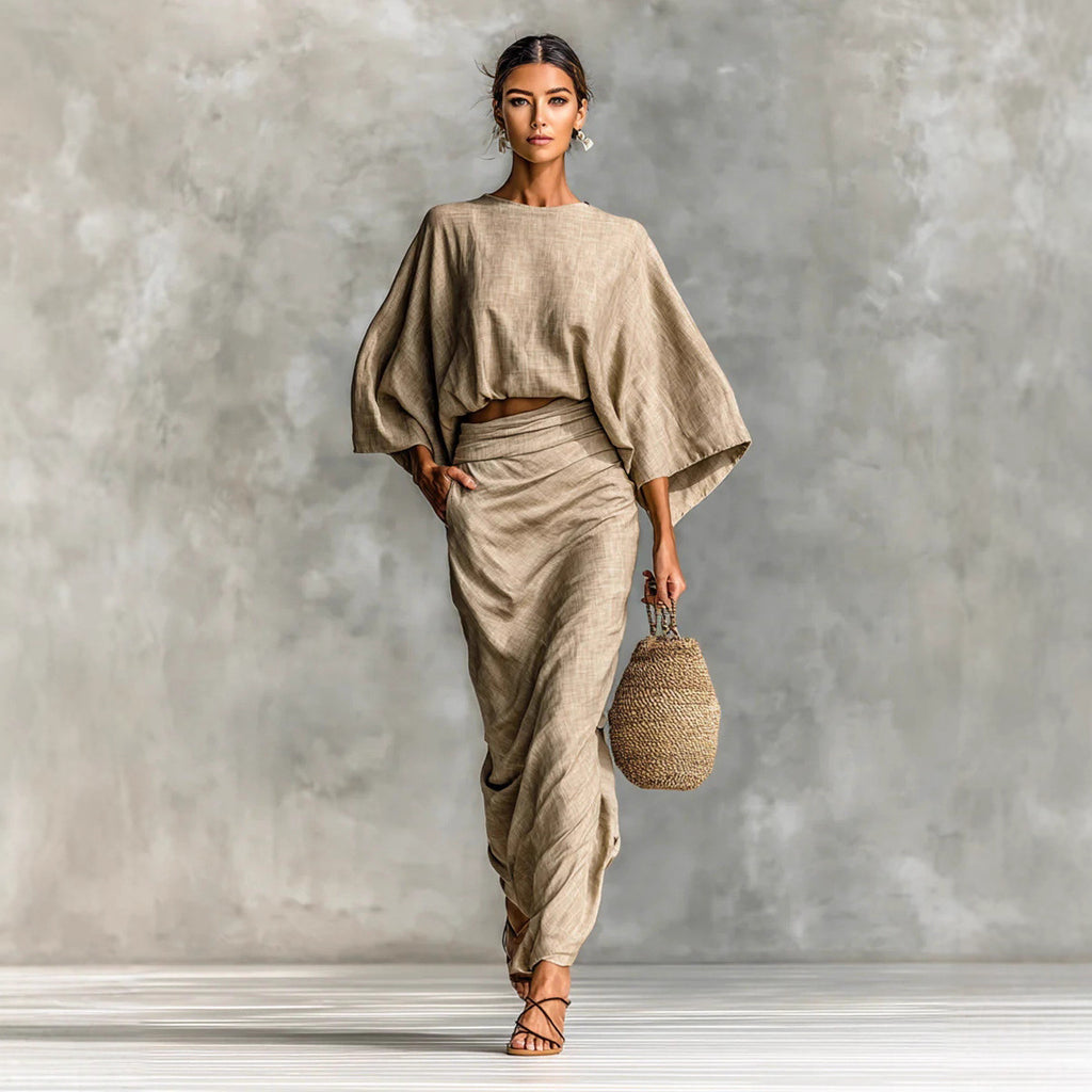 Casual Cotton Linen Women's Outfit Set Autumn Winter Batwing Sleeve Top with Pockets and Back Slit Long Dress
