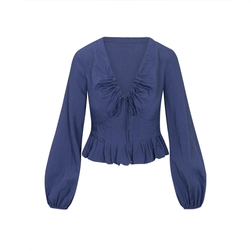 V-neck drawstring ruffle side length sleeve top