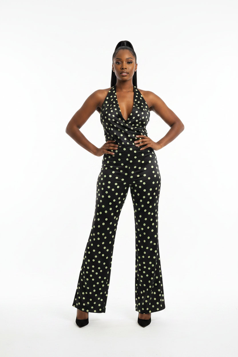 Sleeveless hanging neck collar top+flared pants
