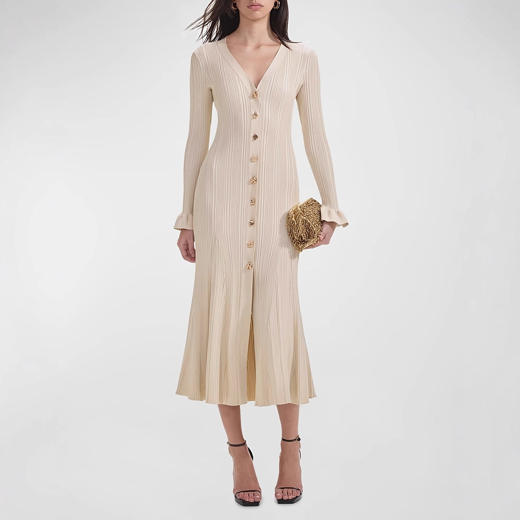 French elegant crewneck dress, slim fit, knitted women's dress