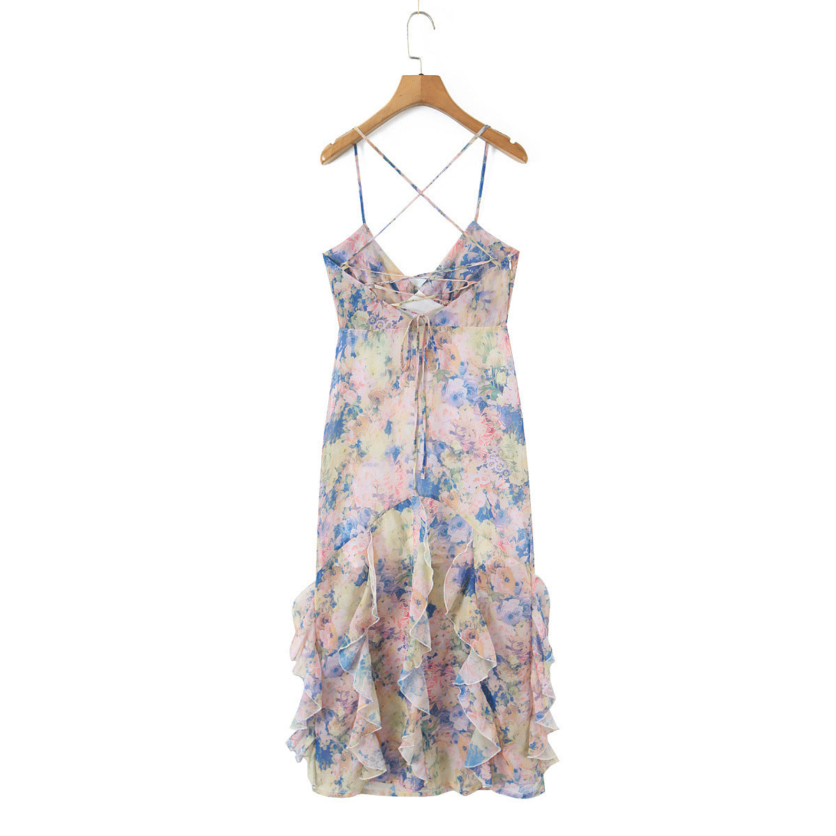 Printed ruffle edge suspender floor length skirt