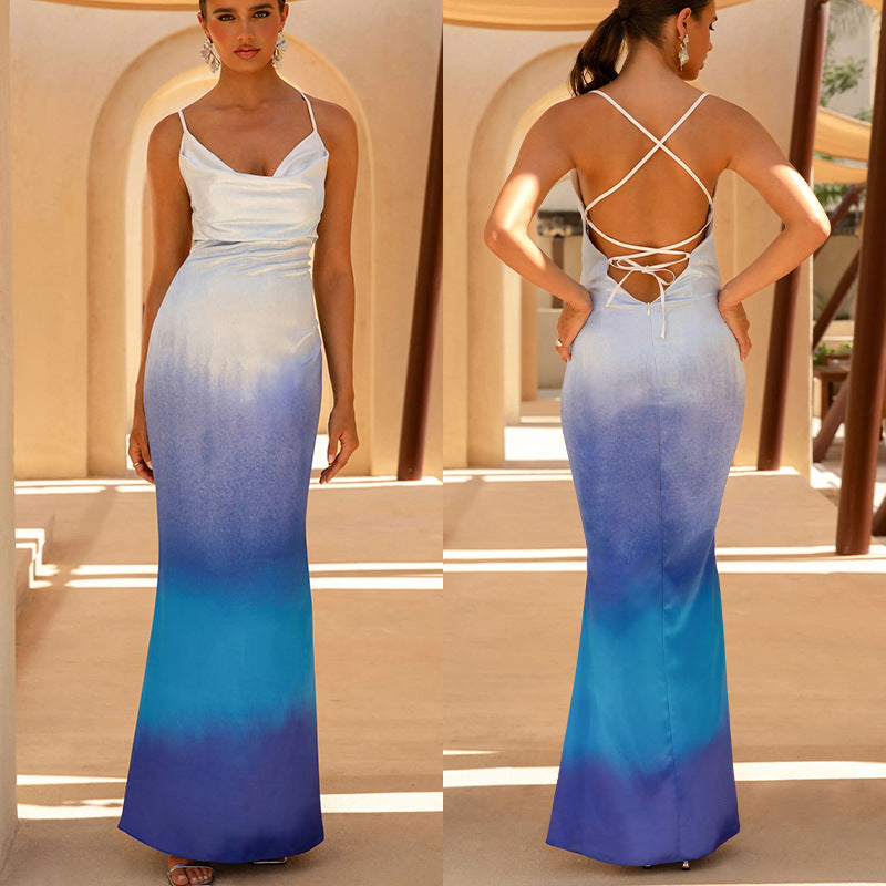 Sexy Gradient Backless Satin Strap Dress for Women