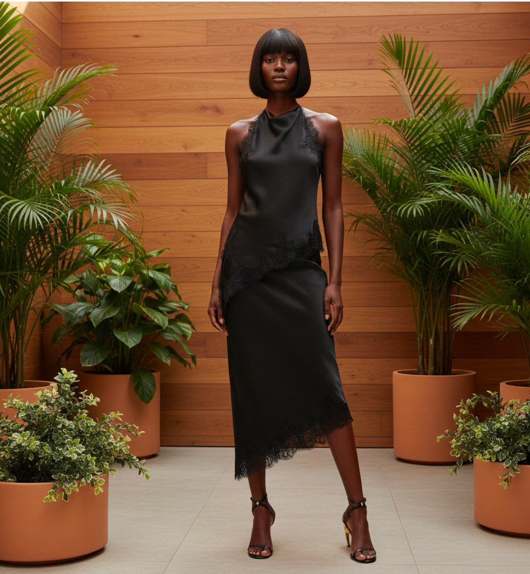 Neck collar lace top+skirt set