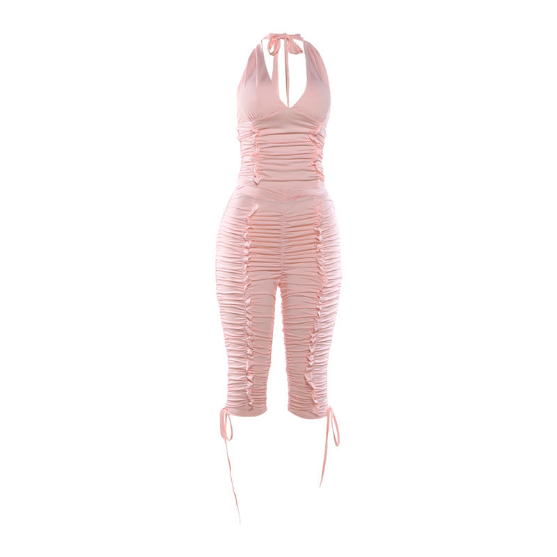 Monica  V-neck halter top with ruched tie, 7/8 pants two-piece set