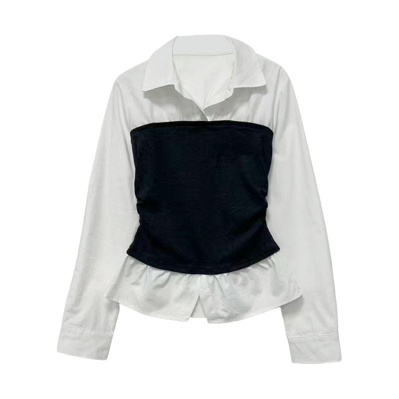 Chic Two-in-One Design Collage Flip Collar Long Sleeve Shirt for Women, Casual Inner Layer Top