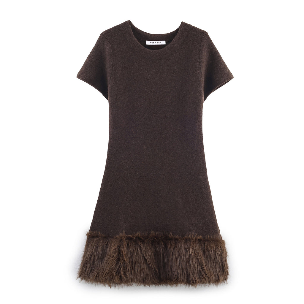 Artificial fur patchwork knitted dress