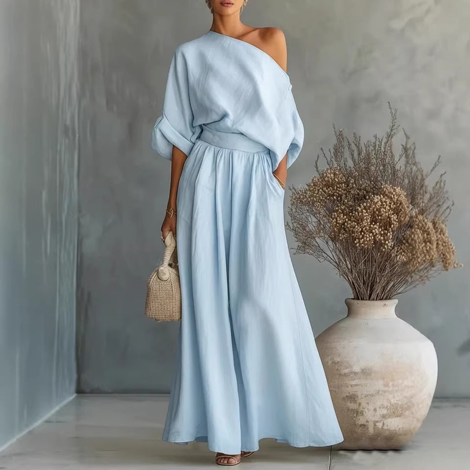 Serena Asymmetrical Shoulder Top and Pants Two-Piece Set