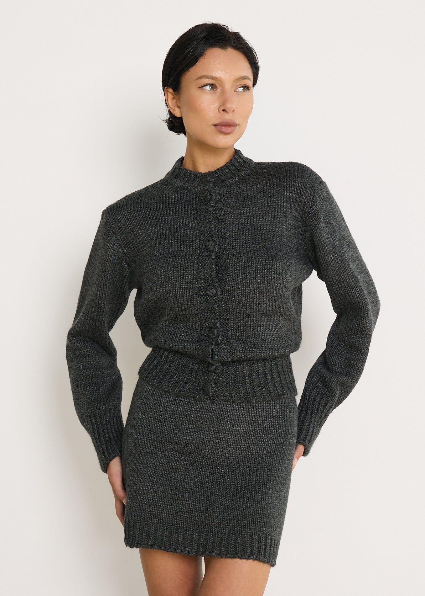 Knitted Short Sleeve High Waist Cropped Sweater Jacket &amp; Knit Skirt Set for Women