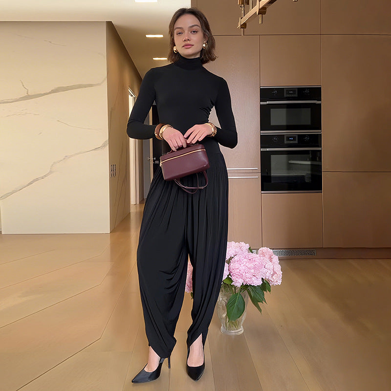 Style street fashion creative high-neck long sleeve gathered patchwork jumpsuit for women