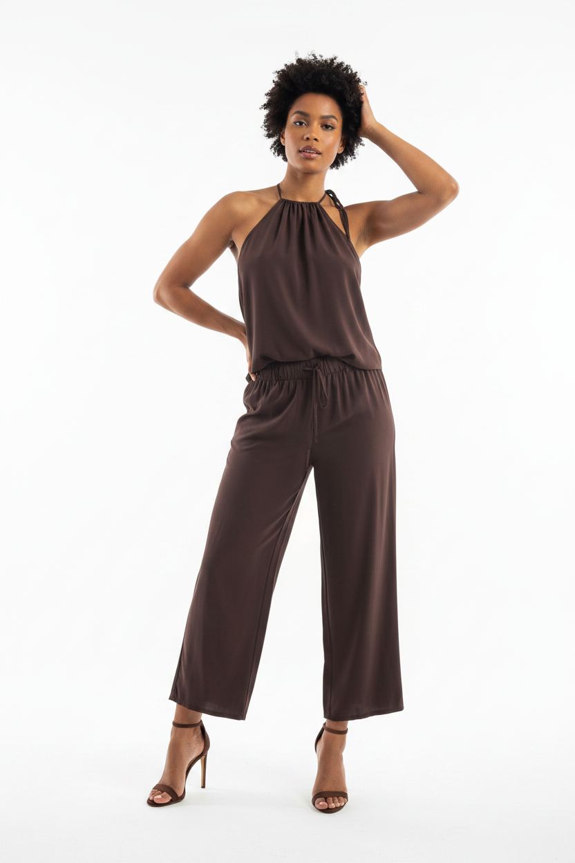 Elisa Hanging neck collar hanging top+cropped pants set