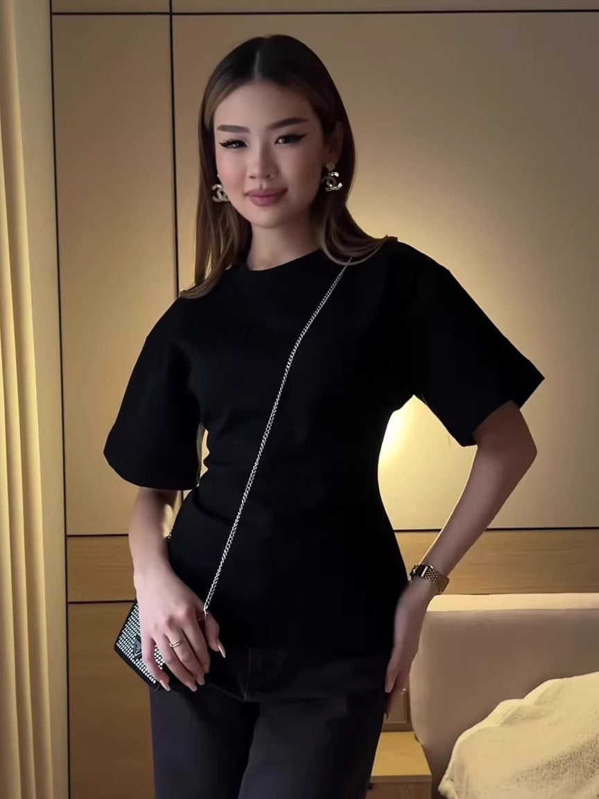 Chic Solid Color Round Neck Casual Fitted Slimming Cotton T-Shirt for Women