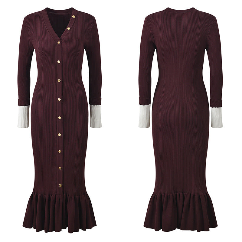 Nella Long Sleeve V-Neck Fish Tail Dress