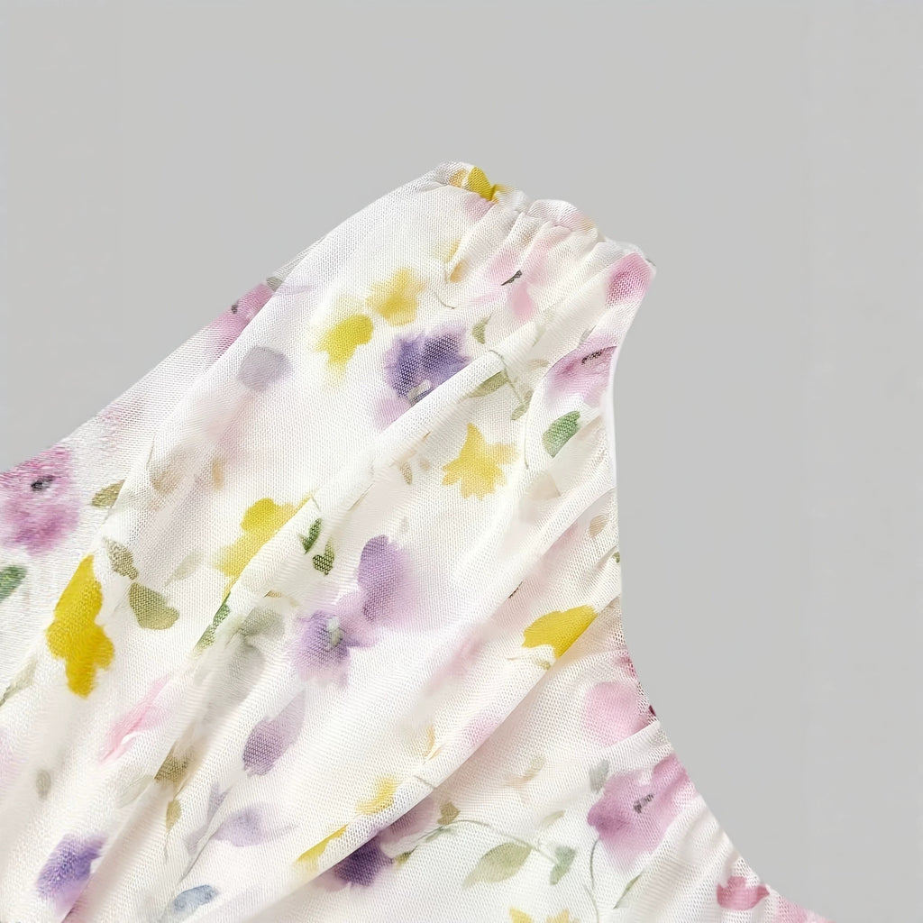Deborah Floral Print Asymmetric Single Shoulder Cut-Out Pleated A-Line Long Dress