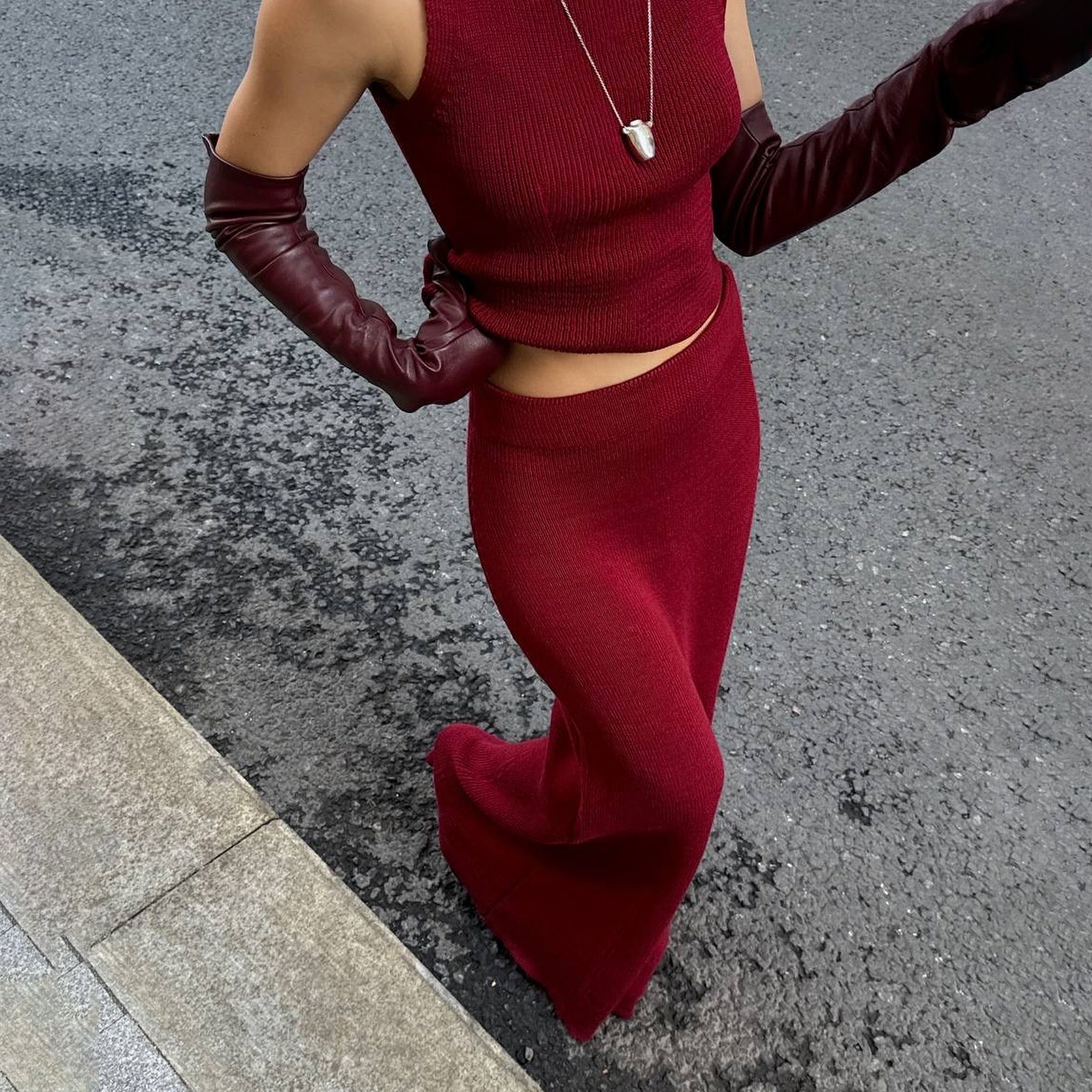 Sleeveless High Neck Knit Vest with Bodycon Long Skirt