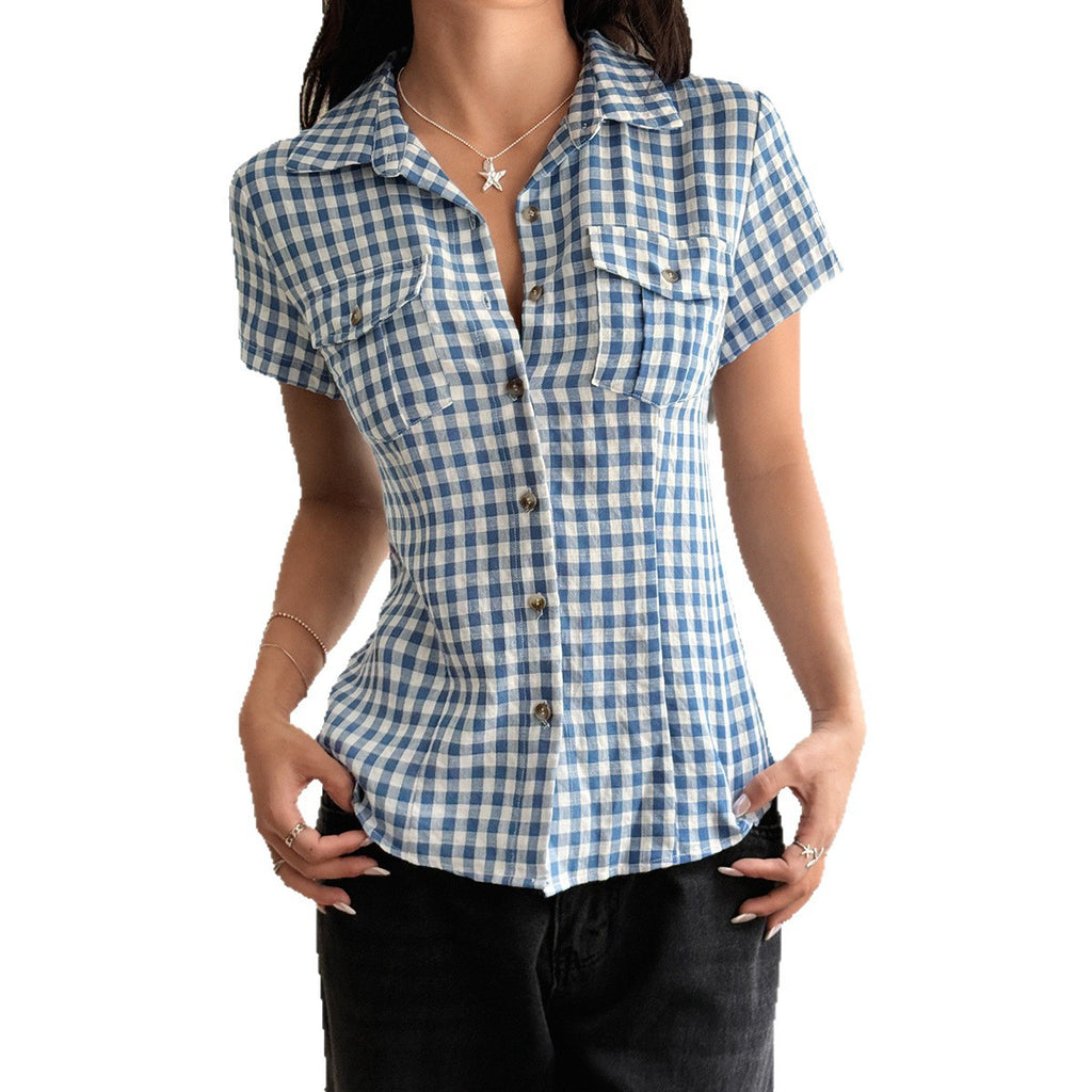 Plaid short sleeved button down shirt