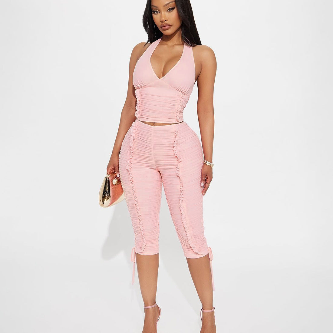 Monica  V-neck halter top with ruched tie, 7/8 pants two-piece set