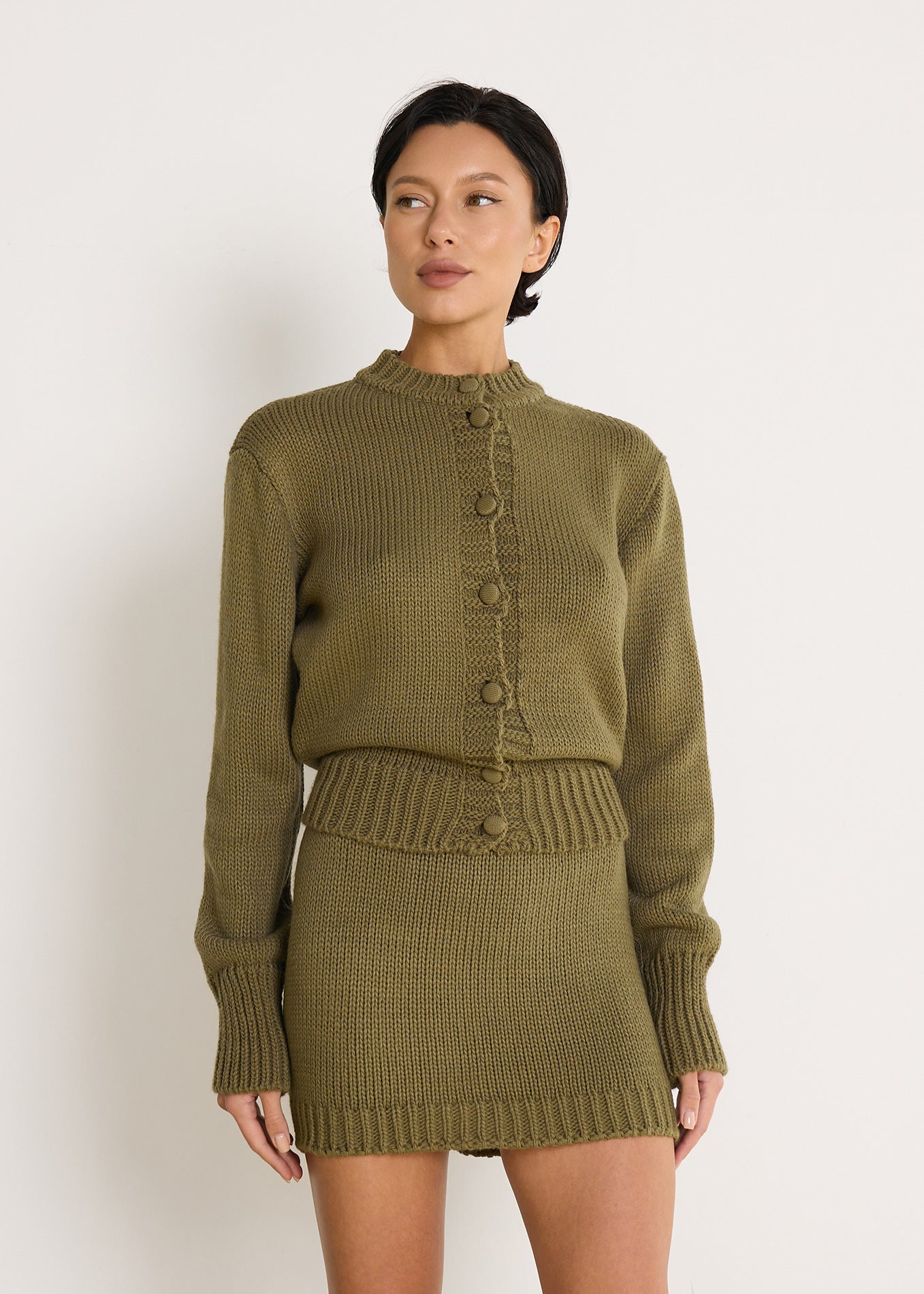 Knitted Short Sleeve High Waist Cropped Sweater Jacket &amp; Knit Skirt Set for Women