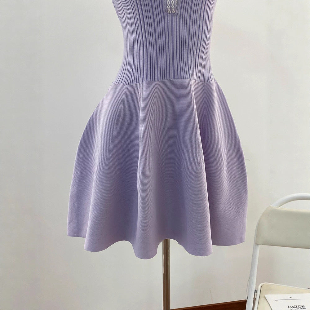 Elegant PurpleShort Sleeve Knit Dress A-Line Flared Skirt