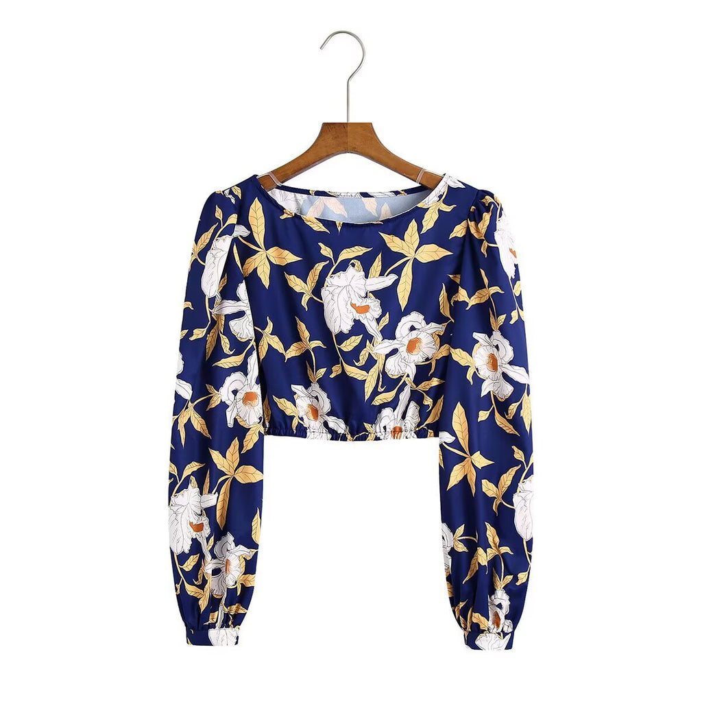 Navy Floral Long-Sleeve Crop & Tiered Midi Set