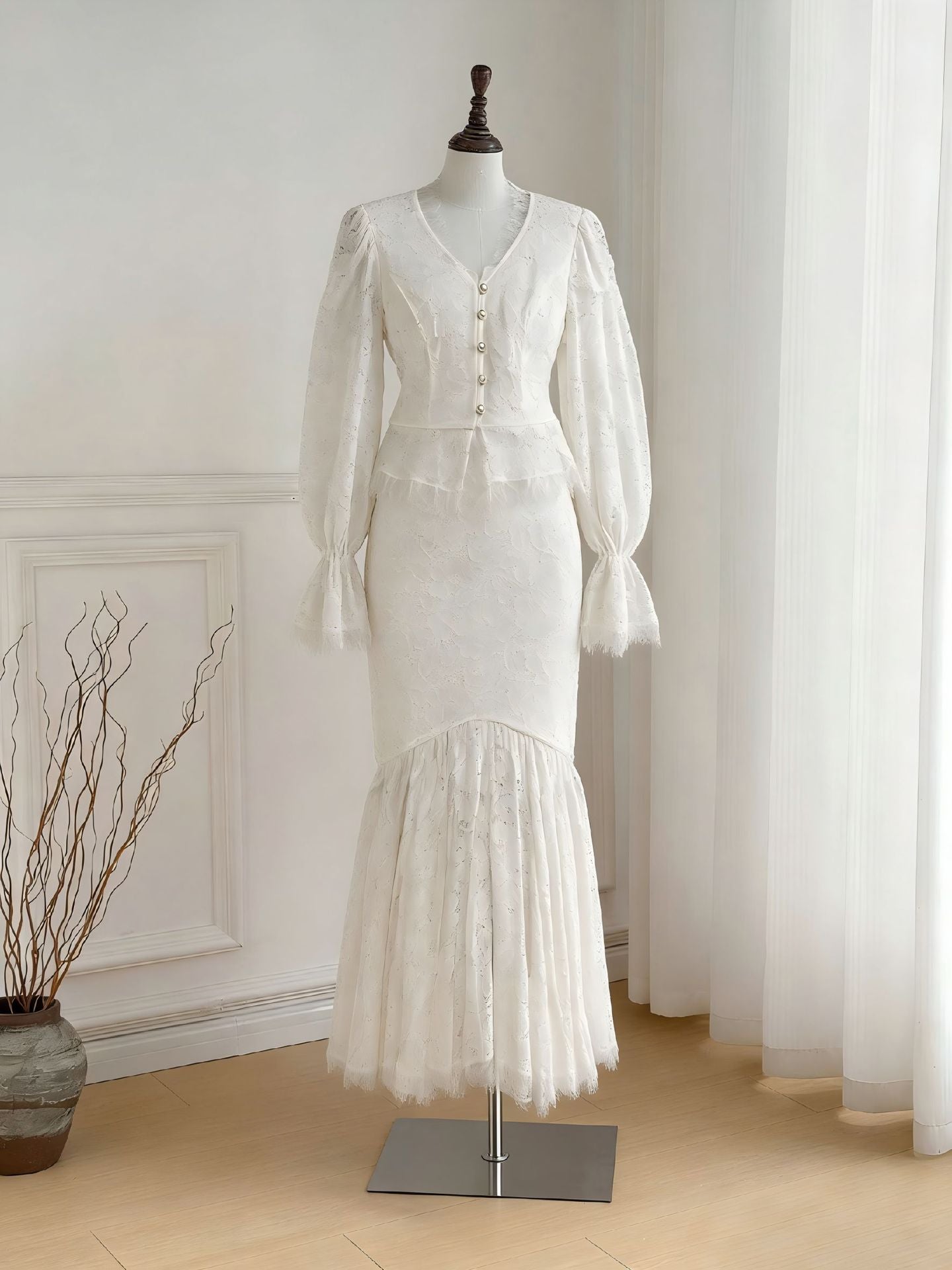 Tailored hip hugging fish tail long skirt+V-neck lace button flared sleeves