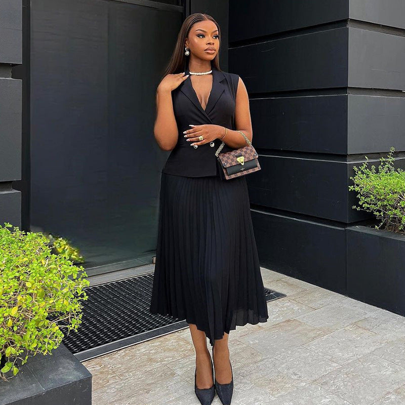 Celine Double breasted vest top pleated skirt set