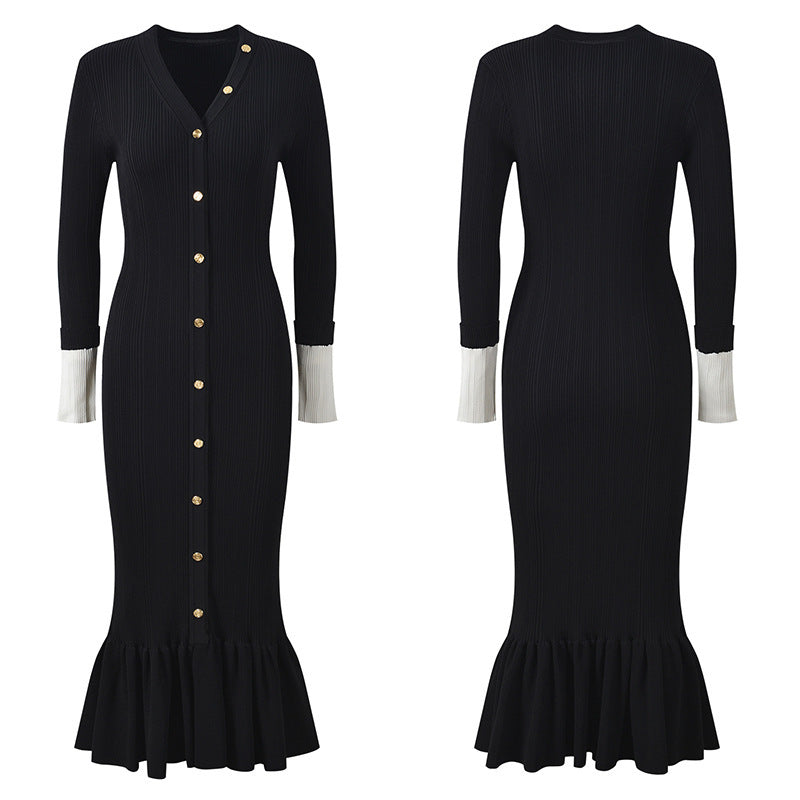 Nella Long Sleeve V-Neck Fish Tail Dress