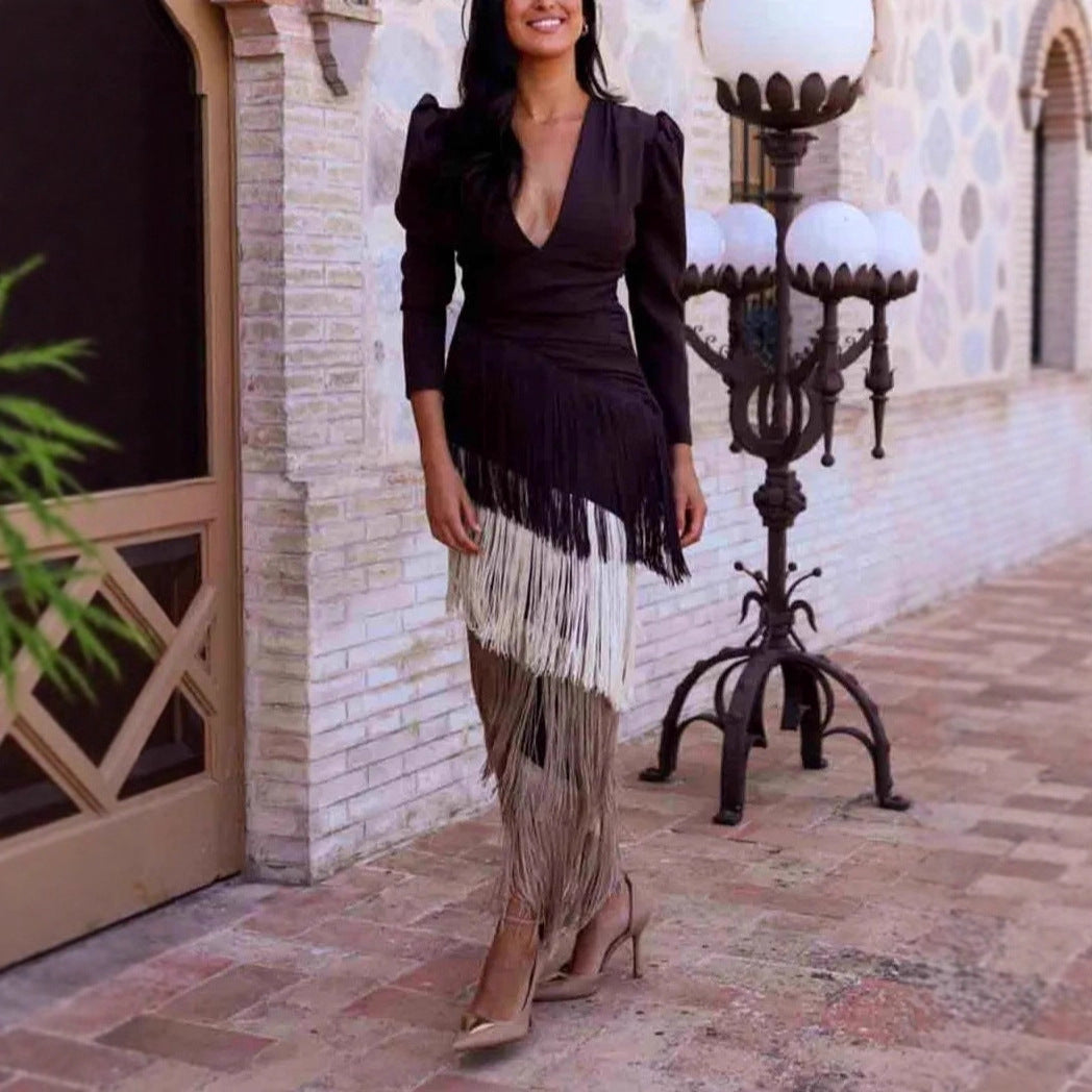 Deep V-fringe slim fit pants set