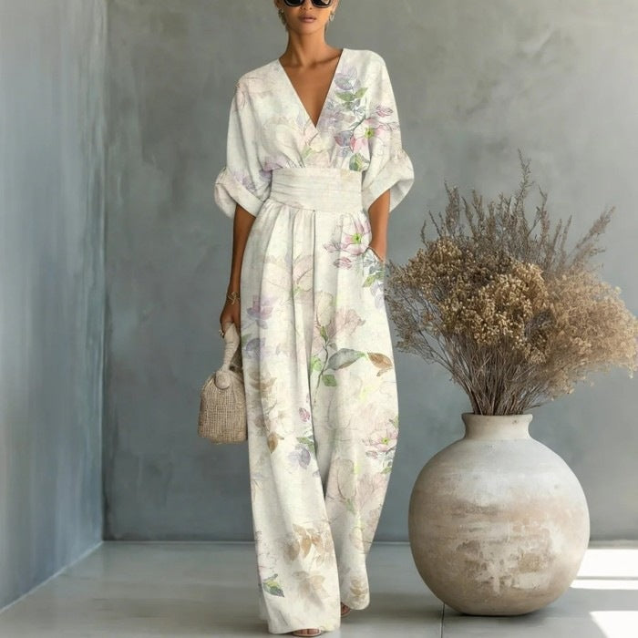 Elegant waist cinched V-neck printed women's jumpsuit