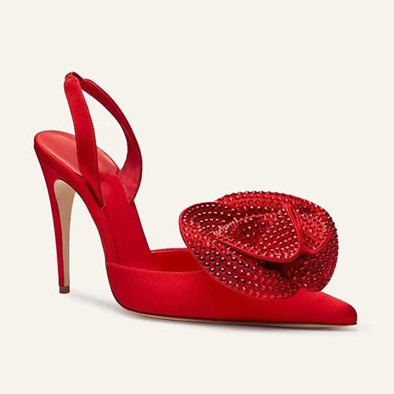 Pointed toe stiletto ultra high heel hollow rose rhinestone satin sandals for women