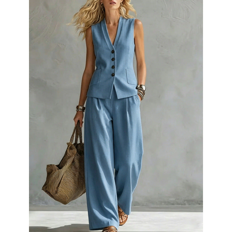 Solid color sleeveless casual linen vest and pants set