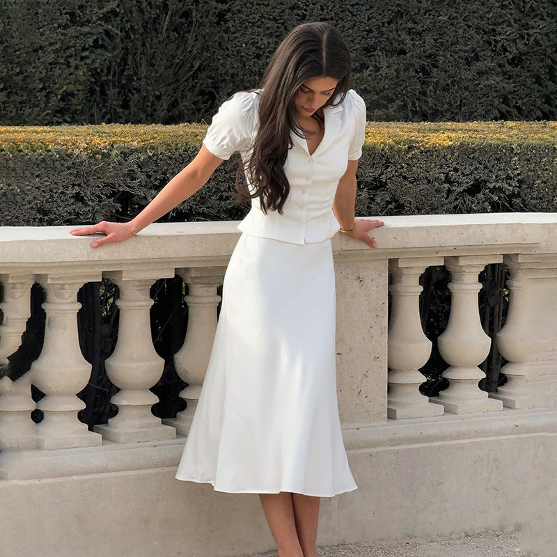 Elegant Lady Fitted Bubble Sleeve Collar Button-Up Top A-Line Mermaid Long Skirt Casual Set
