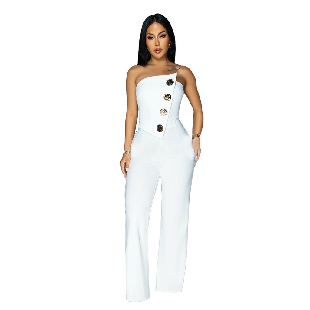 Fashion Women's Sleeveless Buttoned Jumpsuit Long Pants
