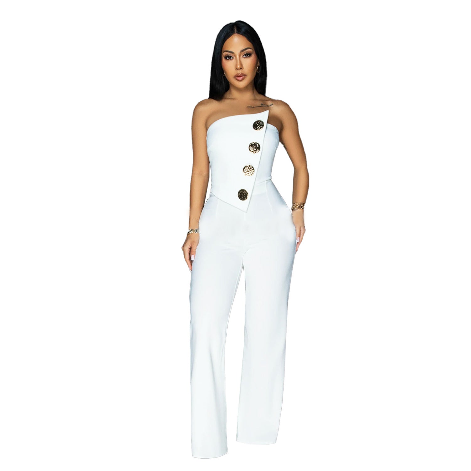Fashion Women's Sleeveless Buttoned Jumpsuit Long Pants