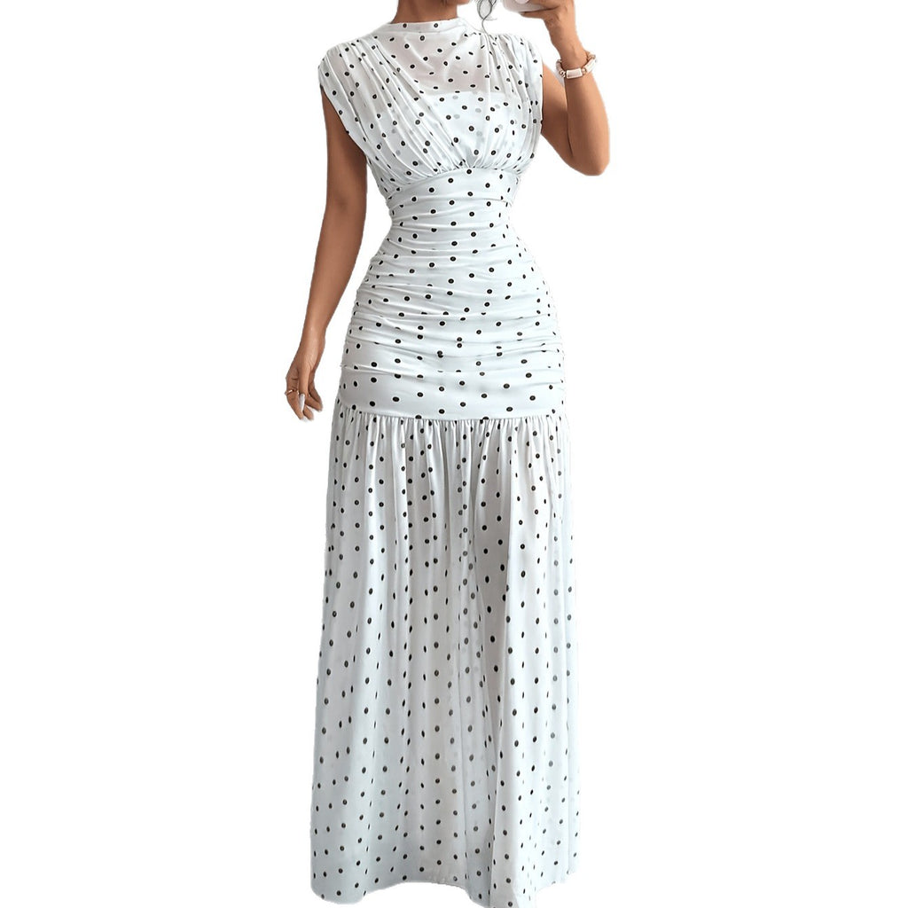 Katie Polka Dot Pleated Fitted Elegant Sleeveless Maxi Dress