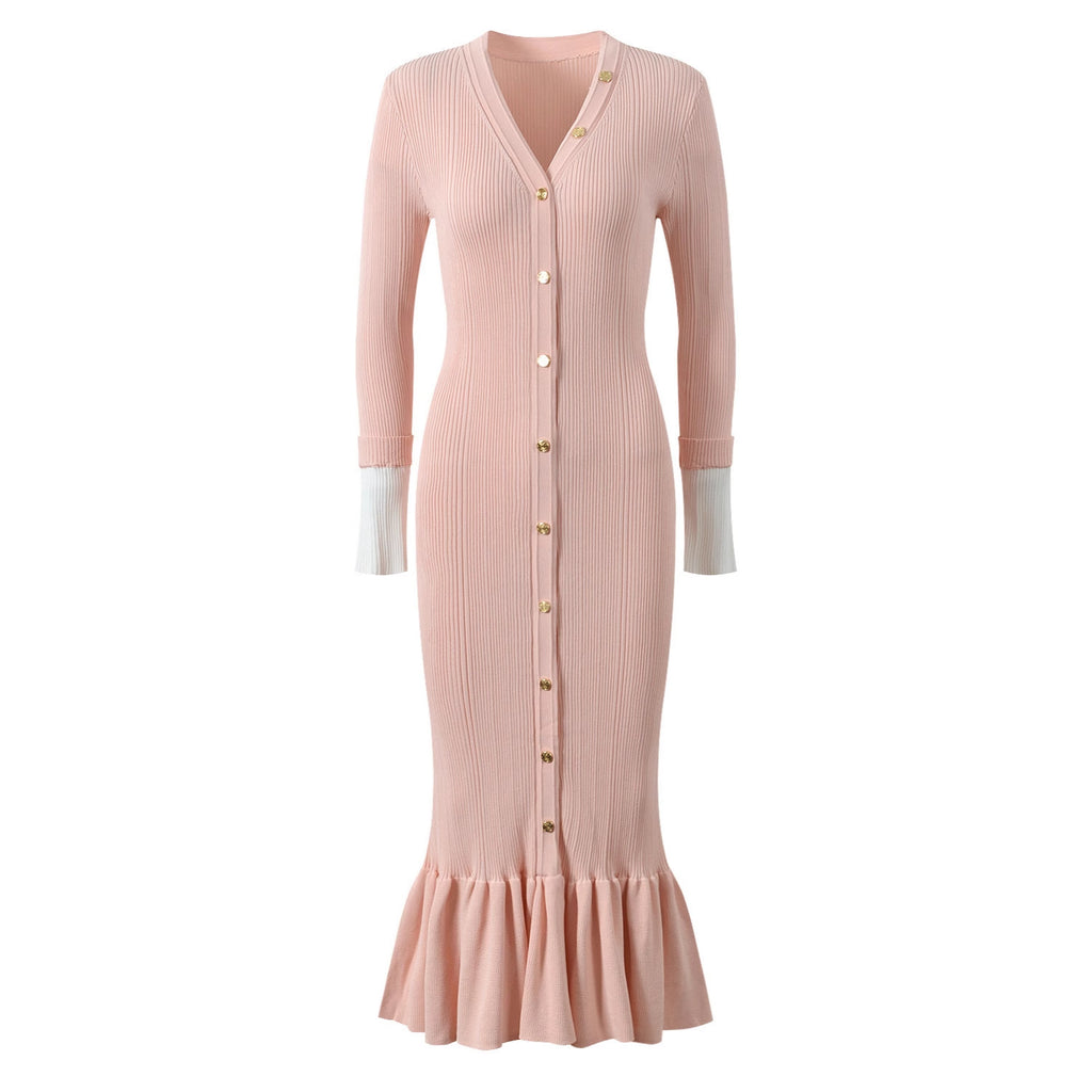 Nella Long Sleeve V-Neck Fish Tail Dress