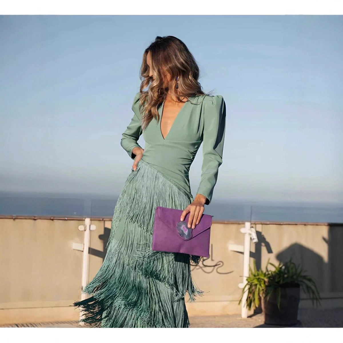 Deep V-fringe slim fit pants set