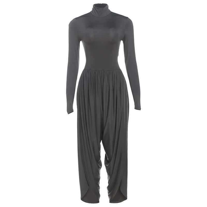 Style street fashion creative high-neck long sleeve gathered patchwork jumpsuit for women