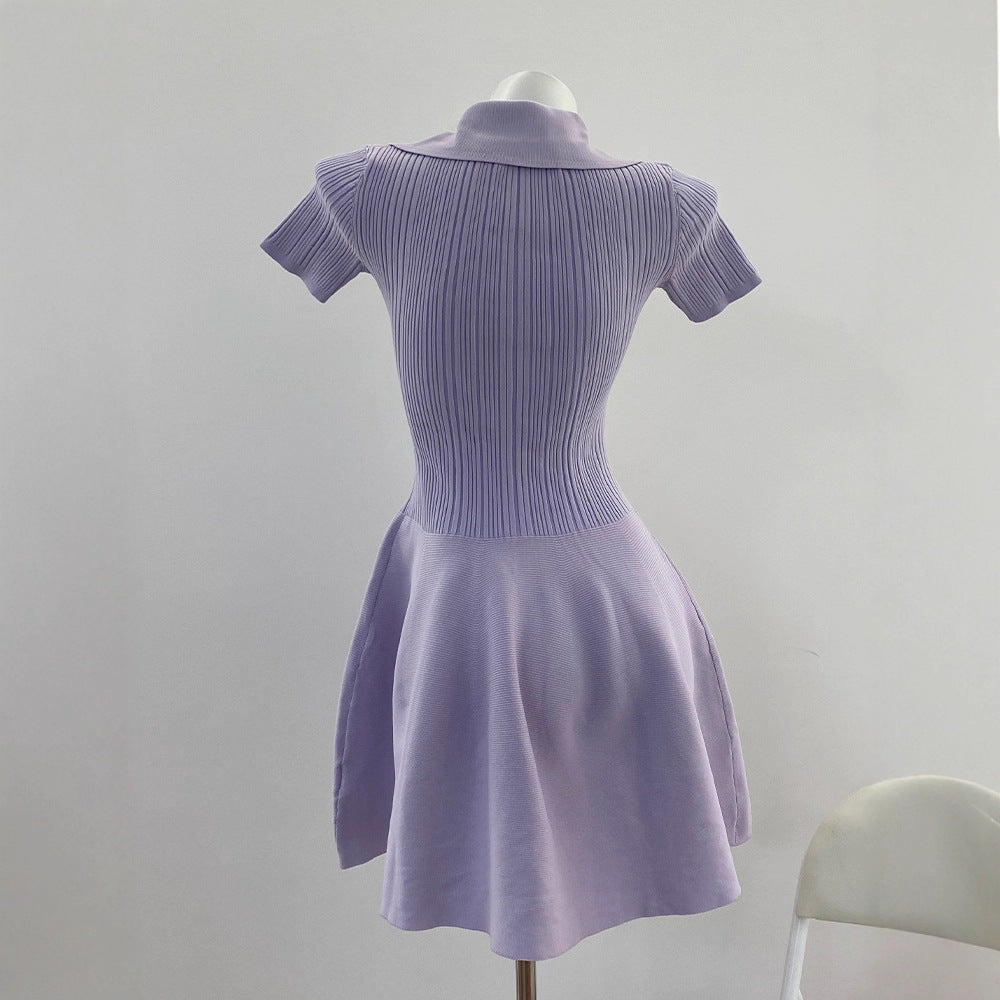 Elegant PurpleShort Sleeve Knit Dress A-Line Flared Skirt