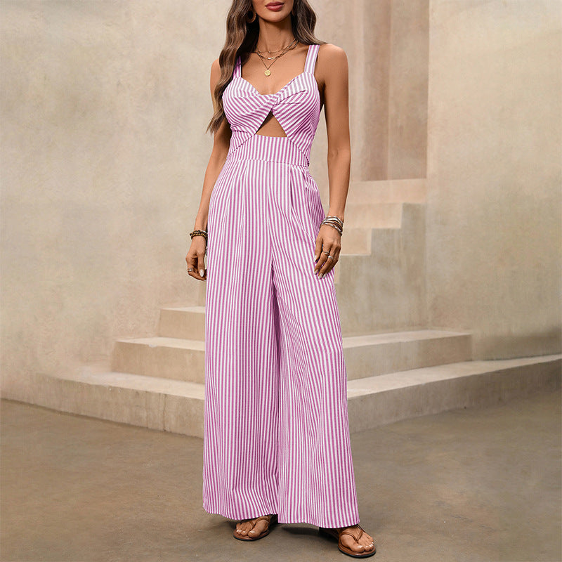 Striped Hollow-Out Knotted Backless Jumpsuit
