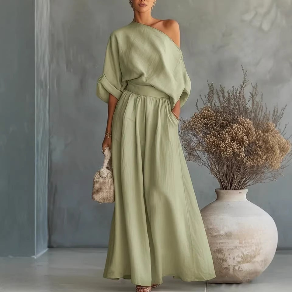 Serena Asymmetrical Shoulder Top and Pants Two-Piece Set