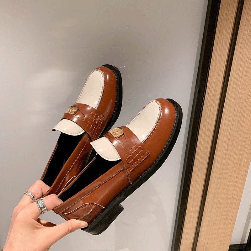 British style retro gold coin slip-on flat loafers casual fashion color matching round toe low heel single shoes