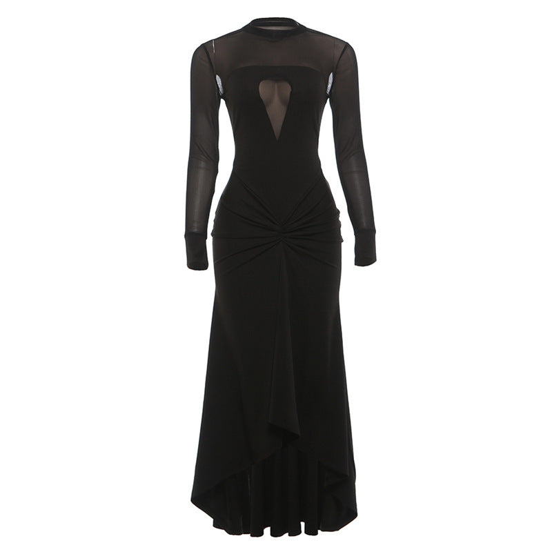 Mesh splicing round neck transparent hollow out dress
