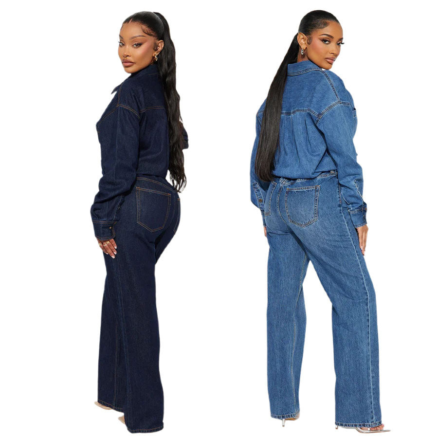 Slim fit elastic loose long sleeved denim jumpsuit