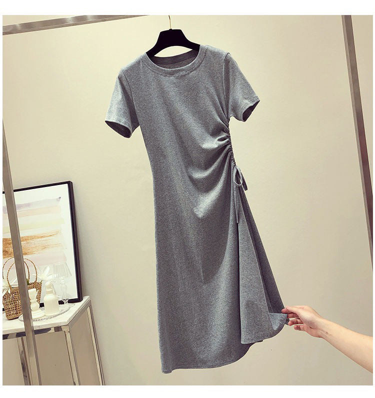 Avocado Green Dress Summer New Style Ins Fitted Slimming Drawstring Charming  Student T-Shirt Dress for Women