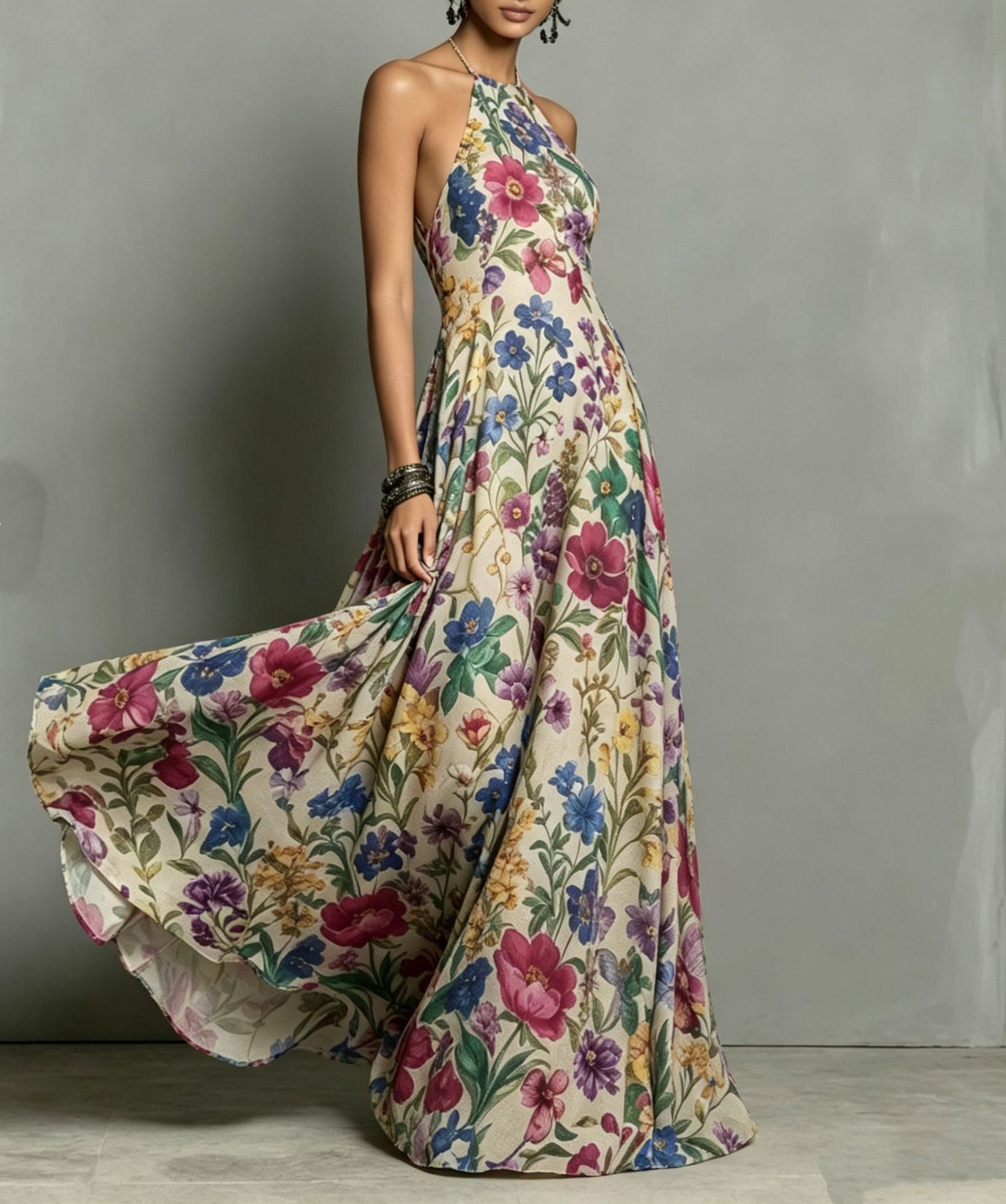 Summer New Plant Floral Print Strapless Dress, Off-shoulder Slim Fit Flowy Maxi Skirt