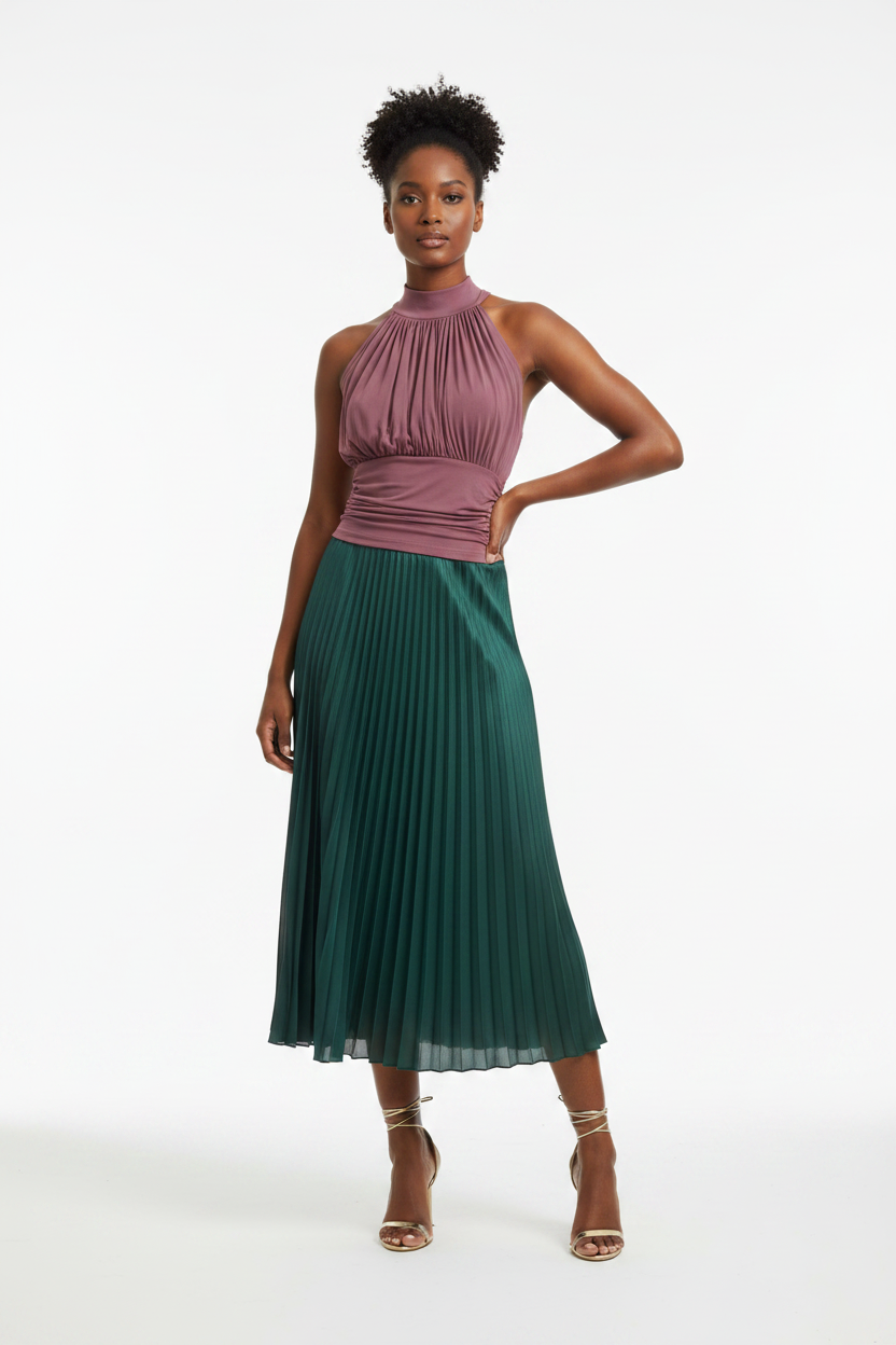 Amara Pleated Halter Neck Top with Ruched Waist with chest cushion