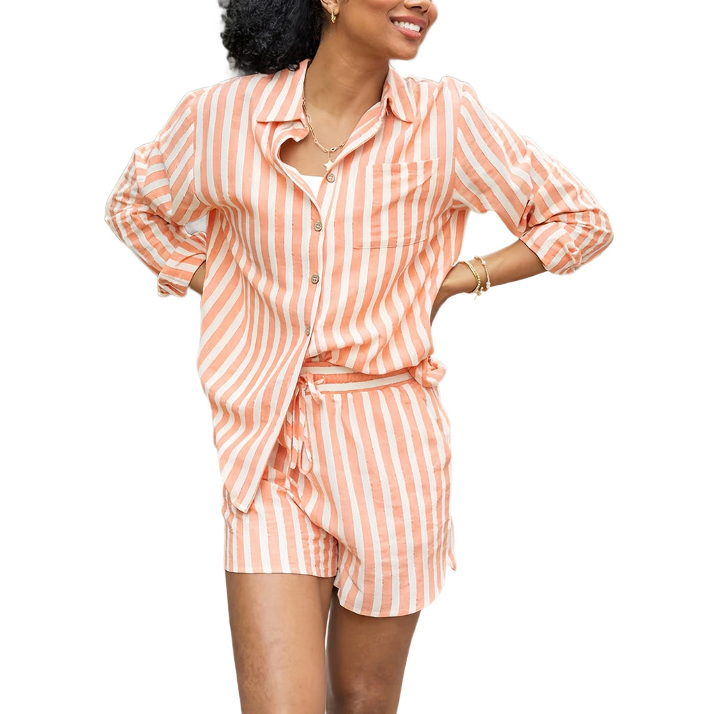Stripe Turn-down Collar Long Sleeve Shirt and Shorts