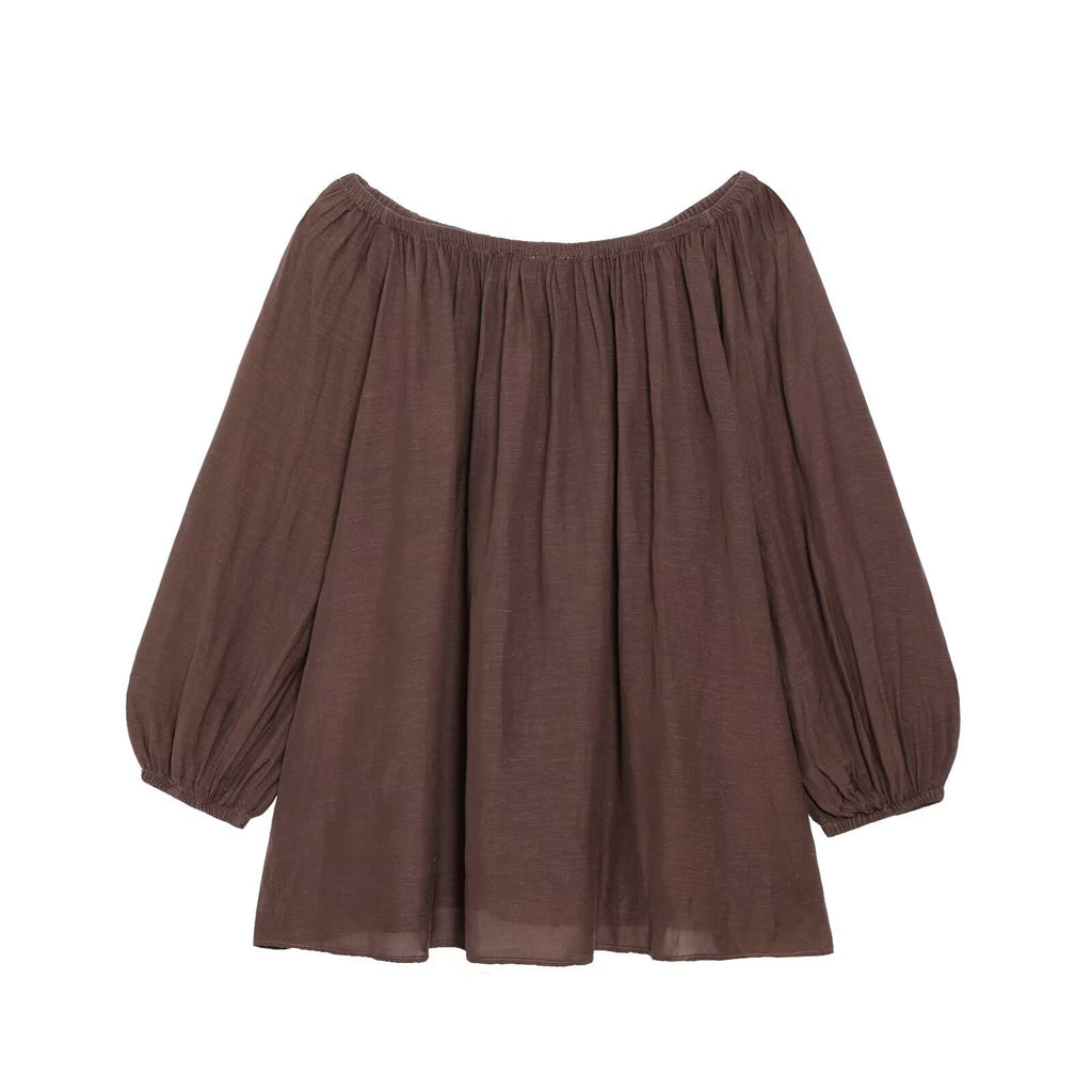 "Sahara "Espresso Off the Shoulder Bardot Balloon Sleeve Two-Piece Set