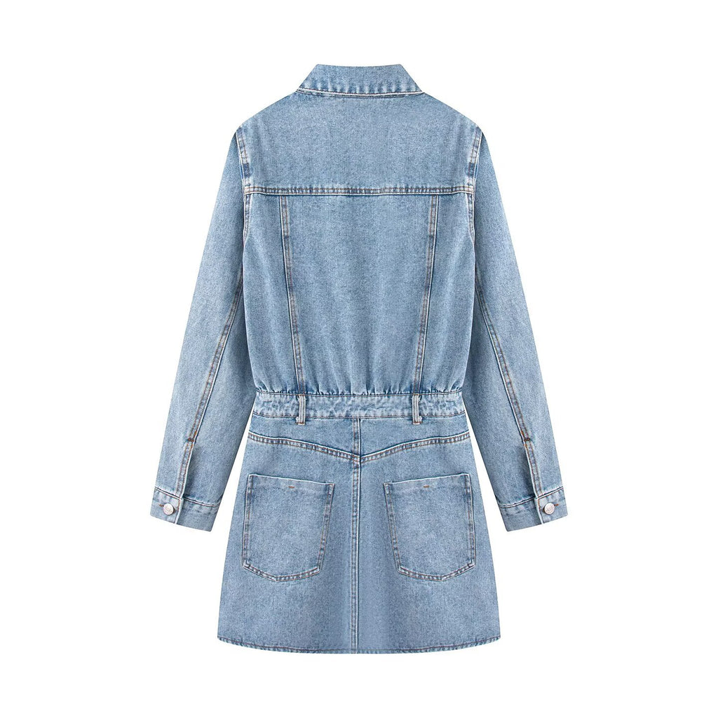 Street long sleeved lapel denim short dress