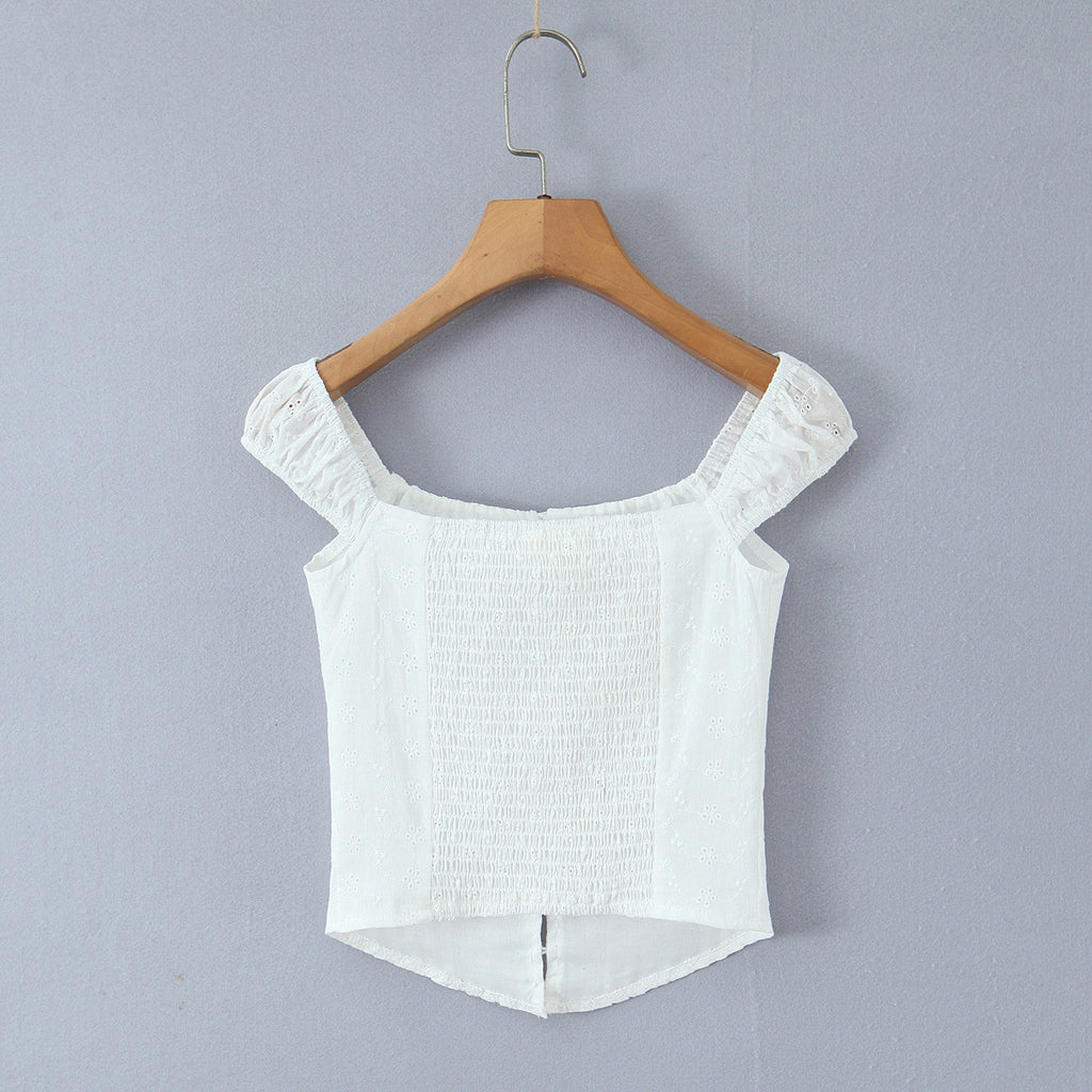 Embroidered pleated single breasted top with floral embroidery